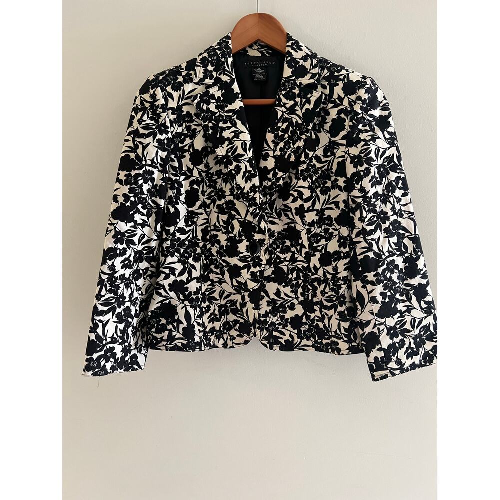 Apostrophe Blazer Jacket One Button Stretch Black & White Floral Size 4 JL